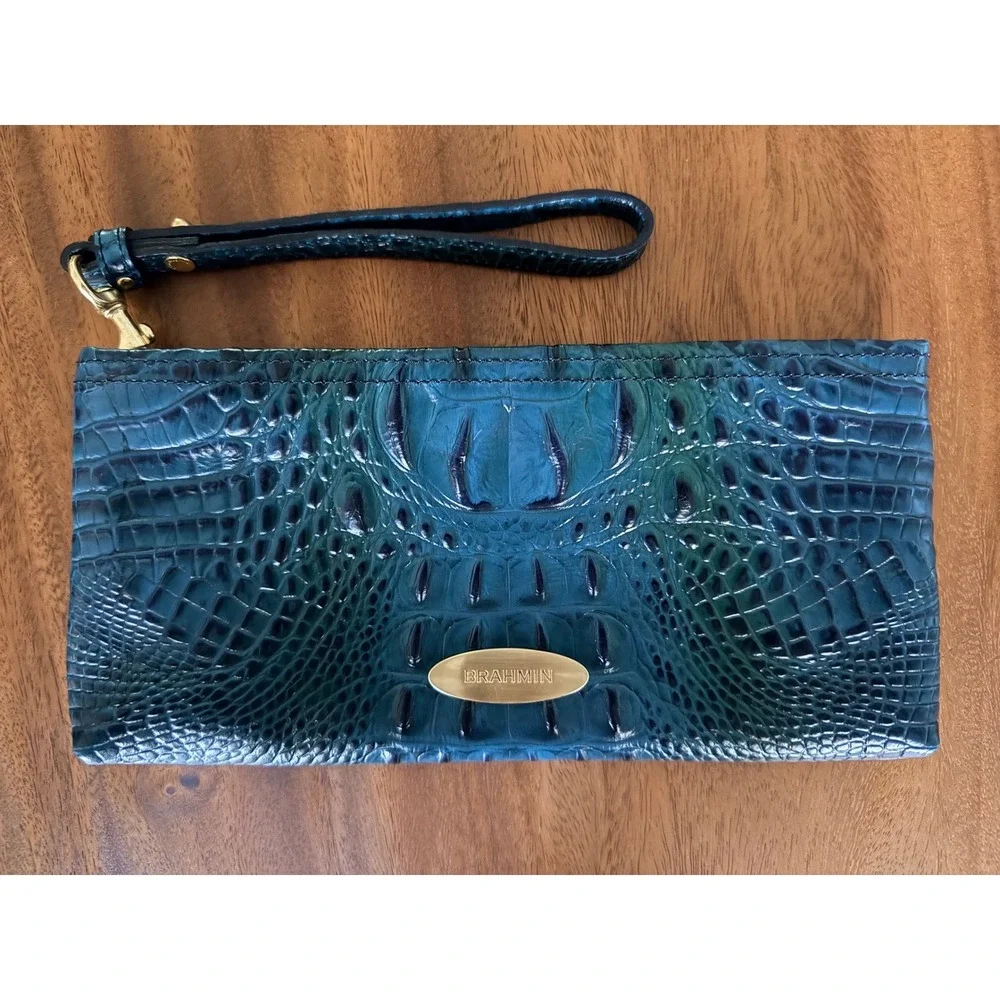 Brahmin Melbourne Peacock Blue Croc Embossed Leather Wristlet Clutch Wallet